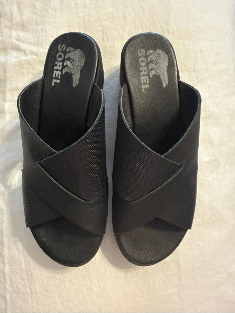 Sorel Black Cross-Band Wedge Slide Sandals